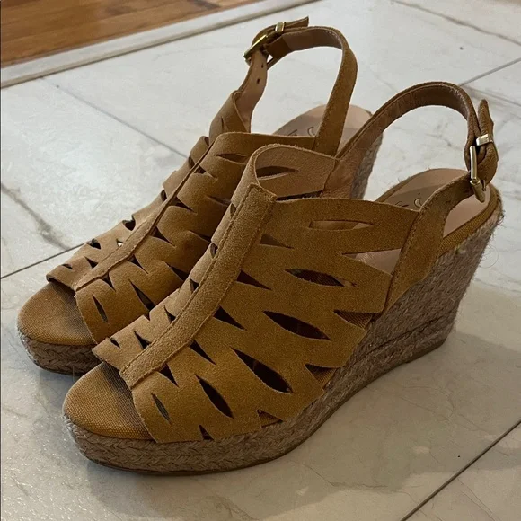 kanna Tan Suede Cutout Espadrille Wedge Sandals - Picture 1 of 4